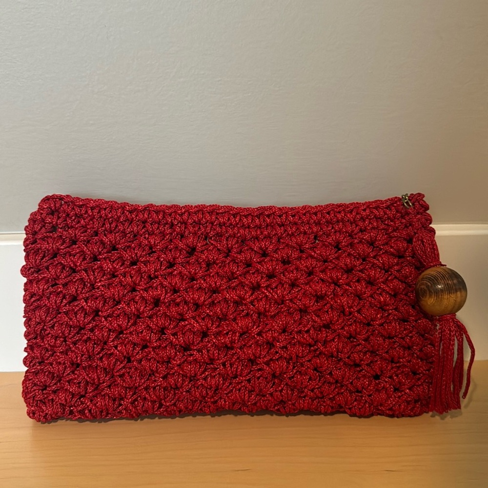 Vintage Red Crochet Woven Clutch Purse Tassel Wood ADG Imports Japan